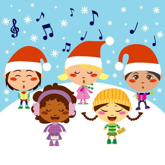 Group of five children singing Christmas Carols while snow falls